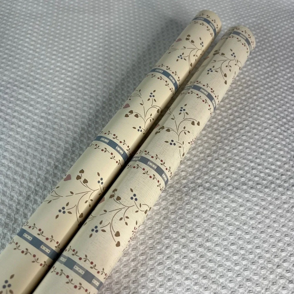 VTG Country Wallpaper Rolls Hearts Vines Floral Cream Blue 2 Thin Rolls 20.5